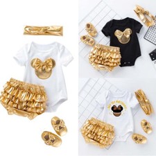 4PCS Newborn Kids Baby Girl Outfits Clothes Romper Bodysuit Tutu Pants Dress Set