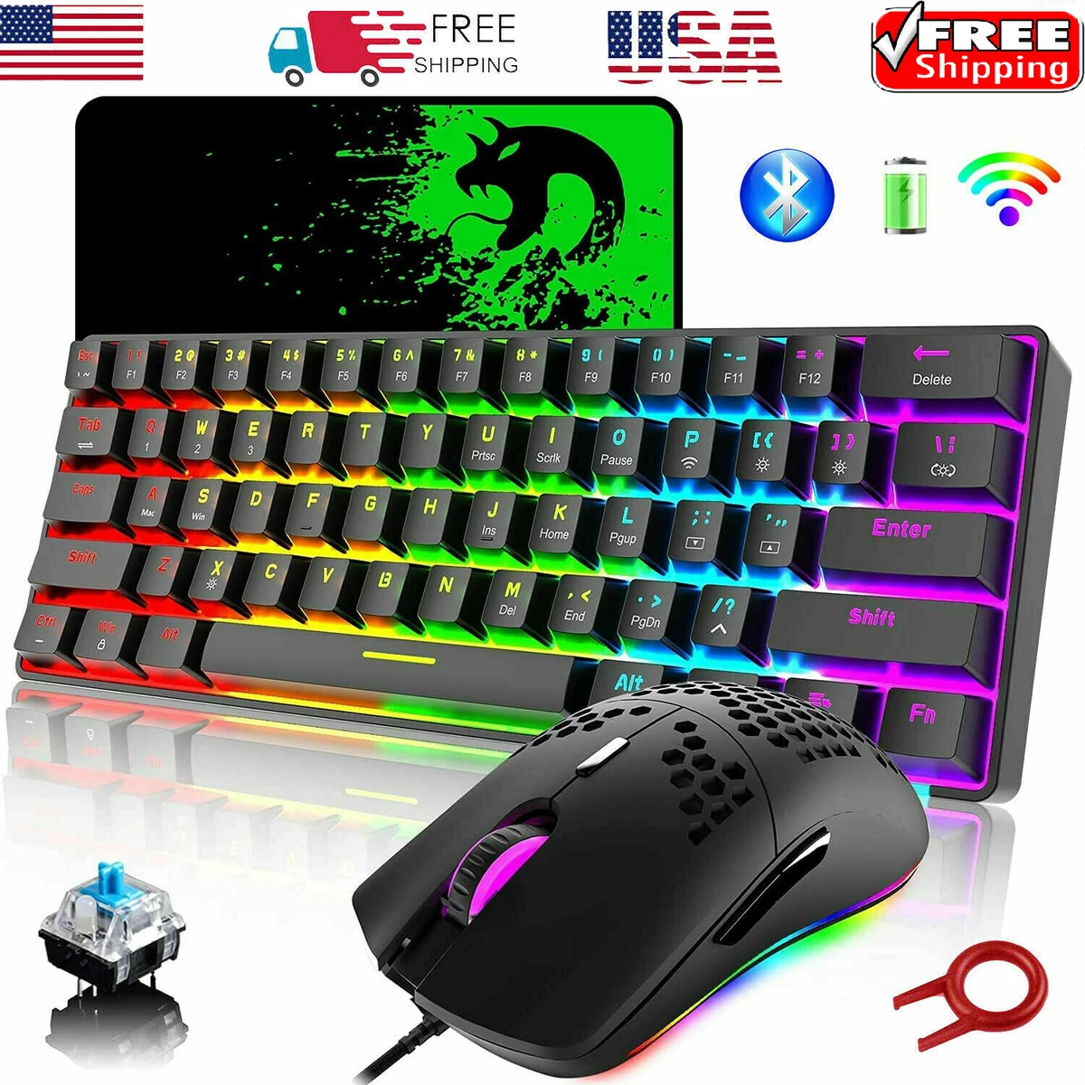 Juego de teclado y mouse RGB Bluetooth USB C mec nico arco iris LED para juegos