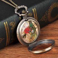 Stylish Fashionable Long-Lasting Tawny Glass Roman Numeral Pocket Watch Necklace
