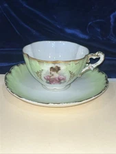 VICTORIAN EDWARDIAN ANTIQUE TEACUP AND SAUCER Lime Green