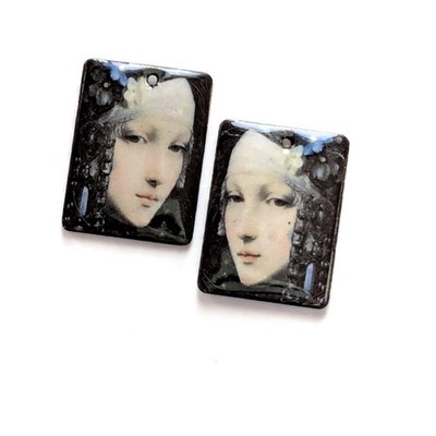 Renaissance Portrait Enamel Decal Copper Charms Handmade Pair (21092)