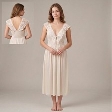 VTG Olga Nightgown Size S Butter Yellow Lace V-Neck Midi Gown 91220 USA 70s 80s