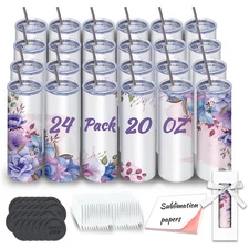 24 Pack 20oz Sublimation Tumblers Bulk White Skinny Stainless Steel with Lids