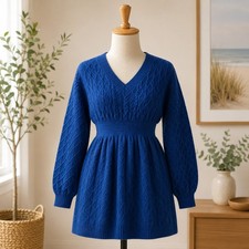 NWT Cupshe Sweater Dress Womens Medium Blue Cable Knit V-Neck Long Sleeve Mini