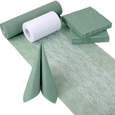 Set Vlies Tischl&auml;ufer Servietten Spitzenband Eukalyptus Gr&uuml;n Wei&szlig; Hochzeit Taufe