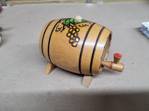 Vintage Miniature Hand-Painted Wooden Barrel Keg with Display Stand