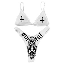 Women Gothic Skull Letter Printed Piece Swimsuit High Cut Triangle Bikini Set...