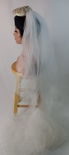Vintage bridal wedding Tulle net beaded head piece layered long Veil 122.5" long