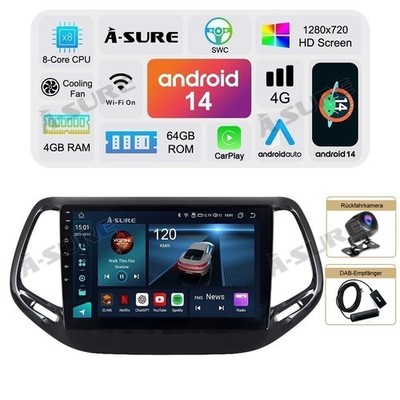 Android 14 4G+64G Autoradio CarPlay GPS NAV DAB+ WIFI Für Jeep Compass 2017-2020