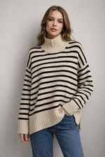 NWT A New Day Camel Black Stripe Cashmere Like Mock Neck Sweater Size L
