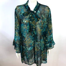 Catherine's Plus 3X Womens Button Top Blouse Green All Over Print Sheer MINT