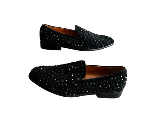 Elanroman BR-C1634 Mens 44 Black Studded Velvet Loafers Slip On Dress Shoes