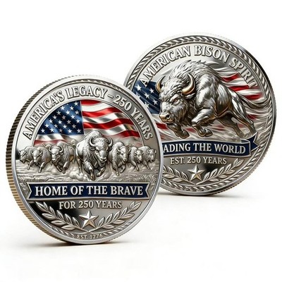 America 250 Years Challenge Coin, American Bison Patriotic Collectible