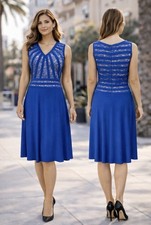 Adrianna Papell Dress Blue Tan 8 Stretch A Line Sleeveless Wedding Party Cruise