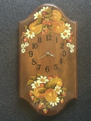 VTG Daisies & Fruit Wooden Wall Clock   Hand Painted   Signed Margaret 21 x11 