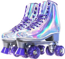 Women Roller Skates Holographic High Top PU Leather Rollerskates Shiny