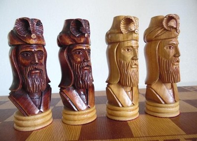 Rare vintage large Russian wooden carved chess set with folding board 50x50 cm