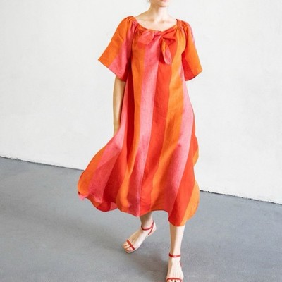 Mara Hoffman XL Kamala Tie-Front Linen Red Orange Stripe Off-Shoulder Maxi  Dress | eBay