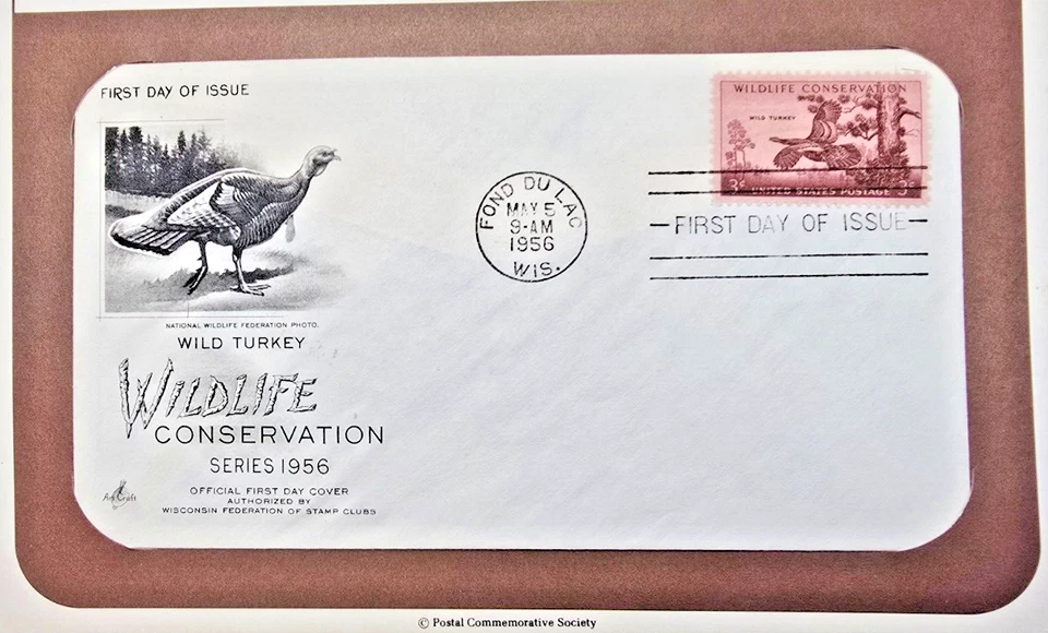 Wildlife Conservation FDC 1956 Wild Turkey, Found Du Lac 3¢ Art Craft - Image 2 of 3