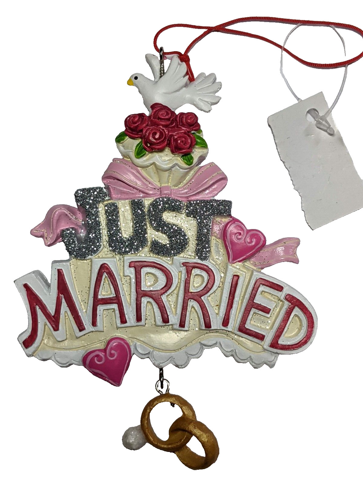 WEDDING CHRISTMAS ORNAMENT  Resin - "Just Married" Wedding Rings Ornament - NEW