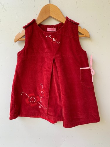 Tickled Pink Girls Soft Red Pinafore Pleated Dress Size 0 Floral Embroidered