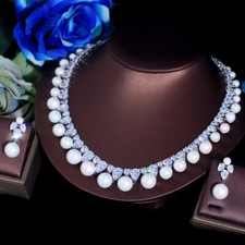 Sparkly Pear Cut Zircon Silver Plated Pearl Necklace Earrings Bridal Jewelry Set