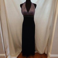 JS Boutique Women 6 Black Gray Beaded Halter Sleeveless Stretch Evening Gown