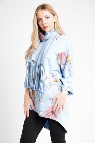 New Ladies Italian Floral Print Lagenlook Scoop Neck Pocket Cotton Top & Scarf - Picture 16 of 55