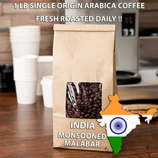 1 LB INDIA MONSOONED MALABAR SAMPLE ROASTED COFFEE WHOLE BEAN, GROUND - ARABICA 