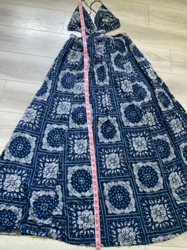 Forever 21 Fluido Largo Vestido Corte Azul Blanco Espagueti Correa Ajustable Talla Pequeña Foto 4 de 4