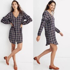 Madewell Large Dress Plaid V-Neck Ruffle Shirt Dress Button Down 