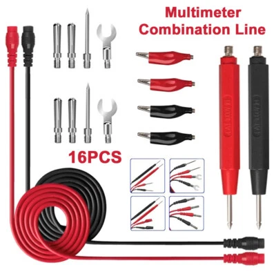 16Ps/Set Digital Multimeter Probe Test Cable Leads Kit Alligator Clip Needle Tip