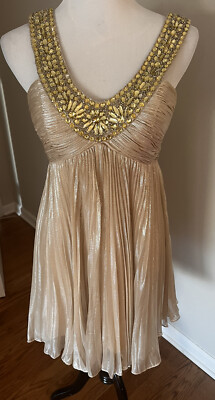 Sherri Hill Pleated Champagne Silk Party Dress w/Beaded Accents at  Neck-Size 6 | eBay