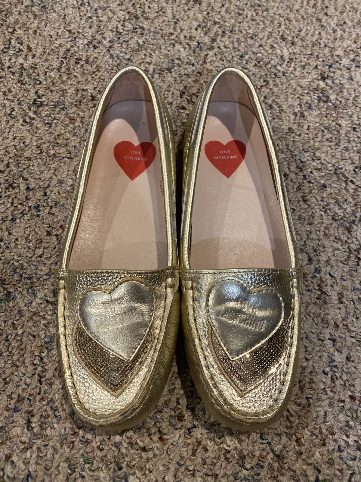 Love Moschino Flats Gold Leather Loafers Shoes Driving Moccasin Size