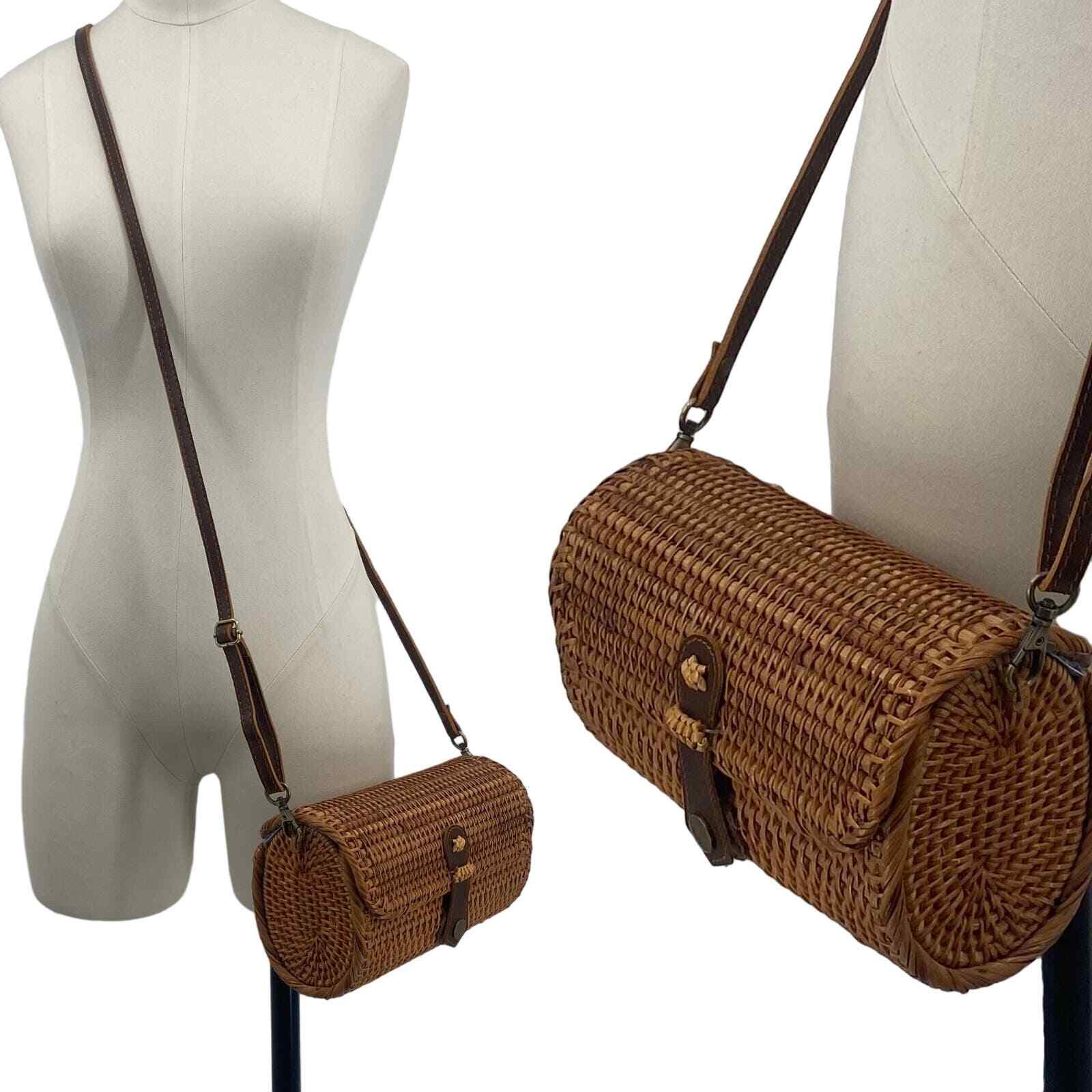 Rattan Wicker Woven Crossbody Barrel Bag Cylindrical … Gem