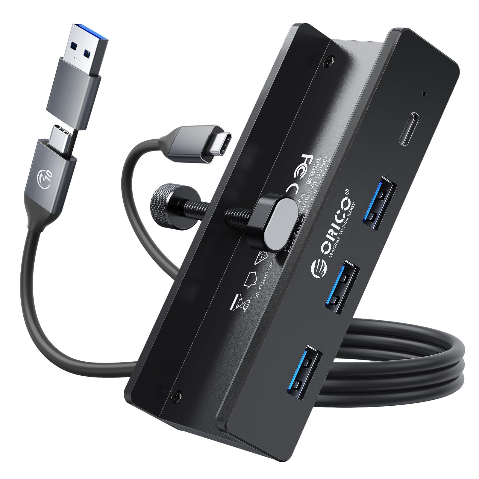 USB Hub 3.0, Clamp USB Hub with Extra Power Supply Port, Alu