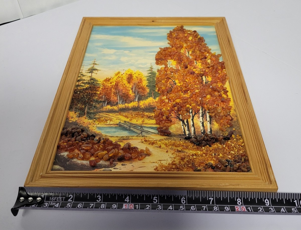 Framed Vintage Handmade USSR Soviet Amber Landscape Art 9.5