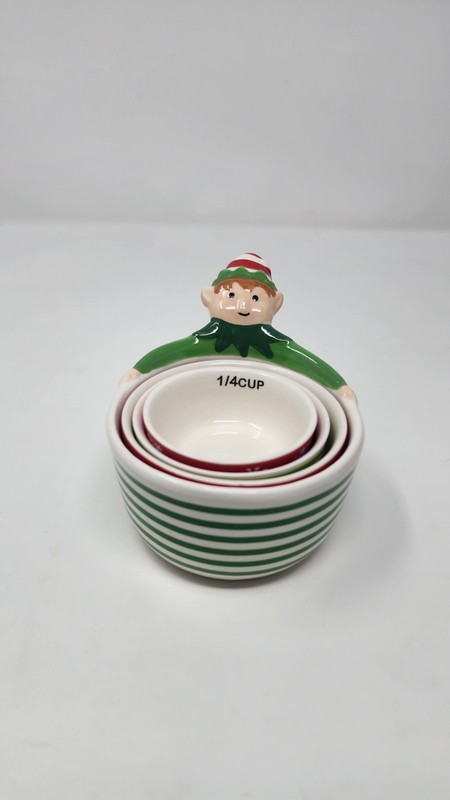 Ceramic Holiday Time Elf Measuring Cups 4pc Set, Christmas Red Green Patterns 