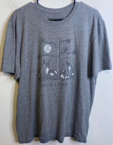 "Dog Lover" LIFE IS GOOD Crusher Short Sleeve Tee Shirt Gray Men Size LARGE