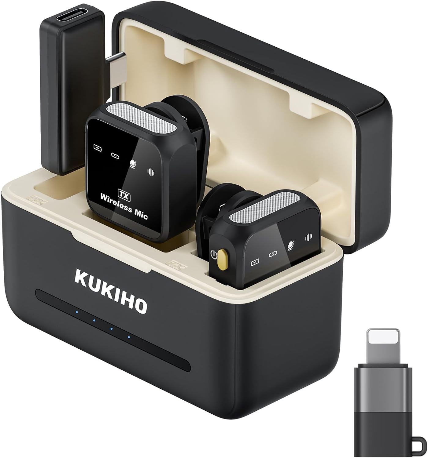 Wireless Lavalier Mic for iPhone with Charging Case 2 TX 1 RX