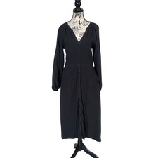 Pact Button Front Dress Womens Small Black Organic Cotton Gauze Midi