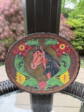 Hand Tooled HORSES Flowers Embossed Leather Trinket Box 10" Made in USA