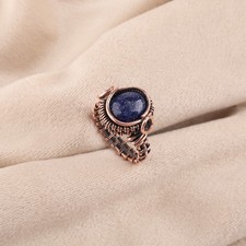 Natural Lapis Lazuli Gemstone Copper Wire Wrapped Handmade Ring Jewelry For Wife
