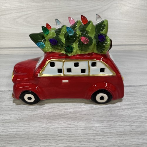 Light Up Ceramic Christmas Tree & Car Christmas Tabletop Decoration 9x6.5x4.5"