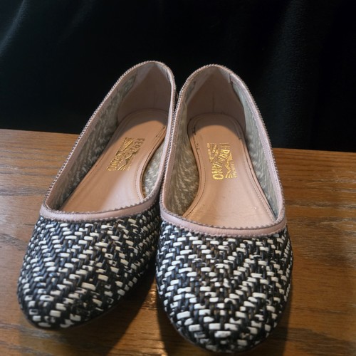 Salvatore Ferragamo Women's Woven Flats Black White Pink Leather Size 8