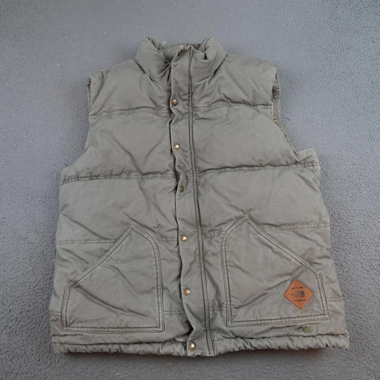 The North Face Vest Mens Large Green 550 Down Puffer Snap Flannel Lined Canvas