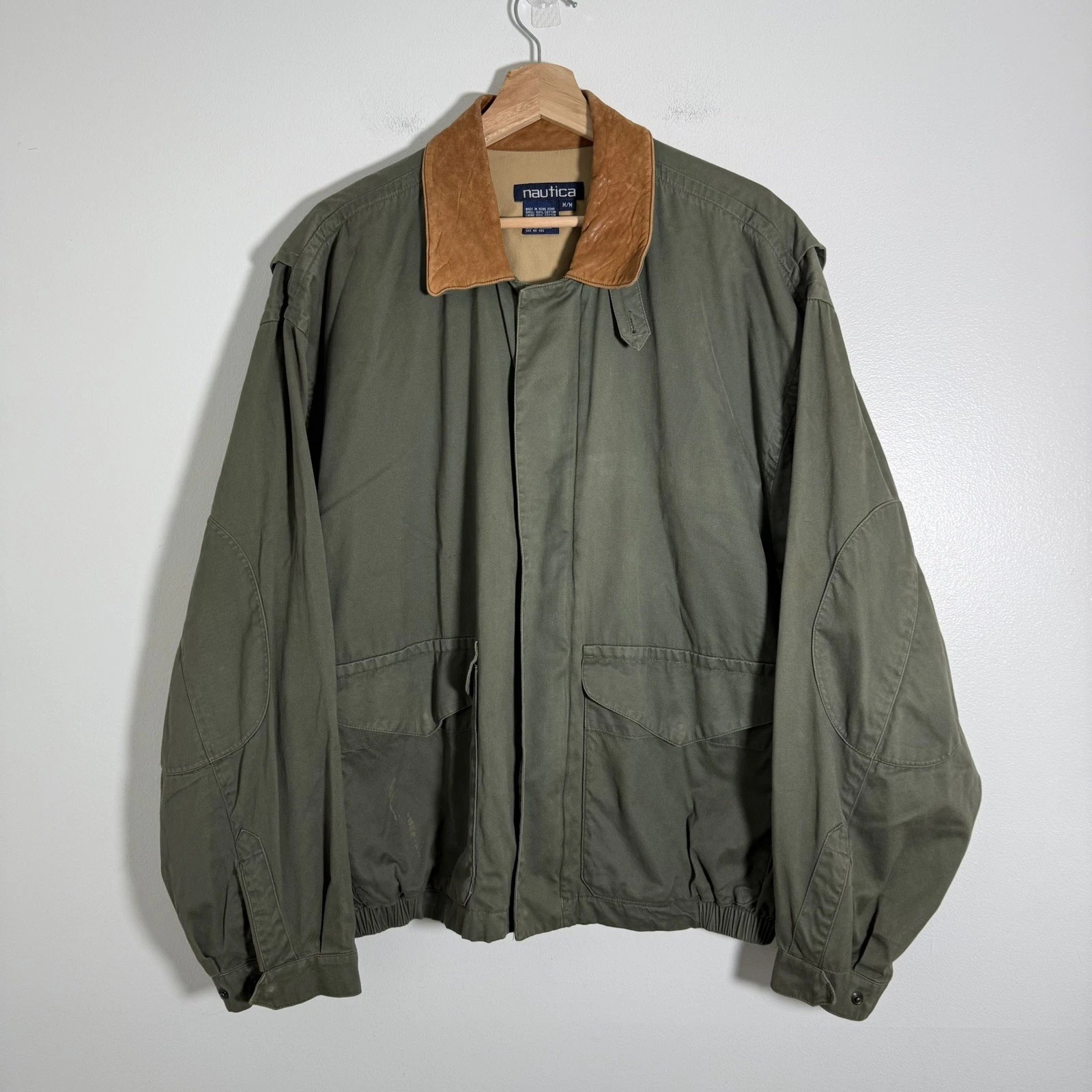 Vintage 90s Nautica Field Bomber Jacket Cotton Leather Collar Forest Green Sz XL