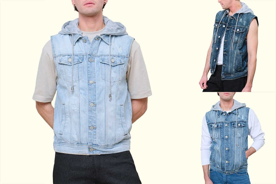 トップス GOA denim vest hoodie archive Victorious Men's Distressed Detachable Hoodie Denim Vest S ~ 5XL