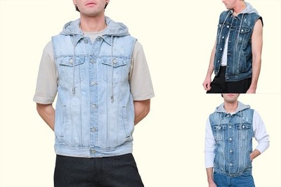 Victorious Men's Distressed Detachable Hoodie Denim Vest    S ~ 5XL    DK108
