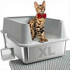 Extra Large Stainless Steel Cat Litter Box with Lid, High Sides, Easy Clean